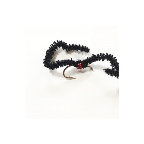 black chewing gum worm with metallic red brass bead